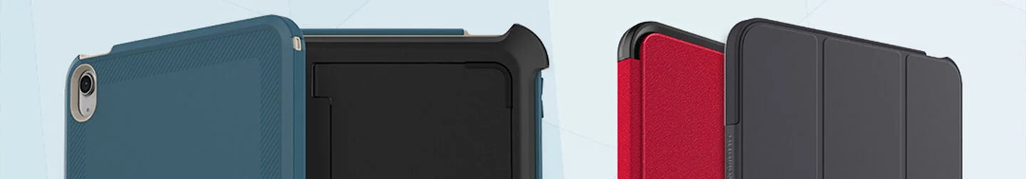 Various Apple iPad devices in OtterBox iPad cases on a light blue background
