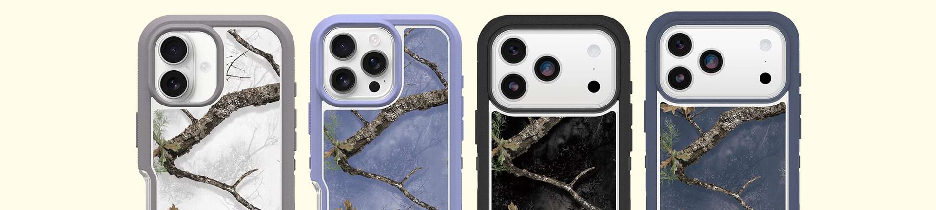 Variety of camo inspired OtterBox phone cases for iPhone 17 devices on cream background