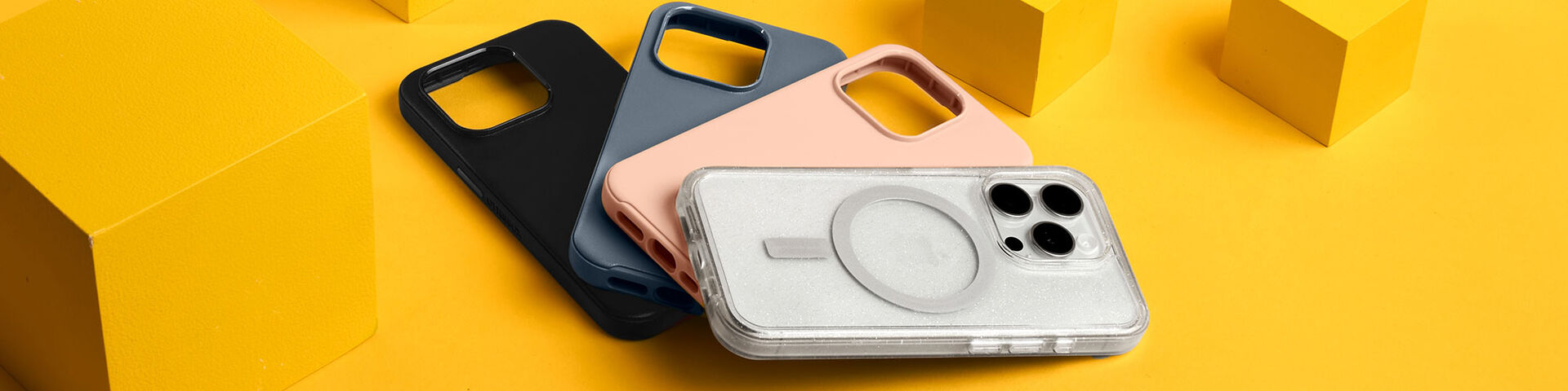 Variety of colorful OtterBox phone cases for iPhone devices on a yellow background