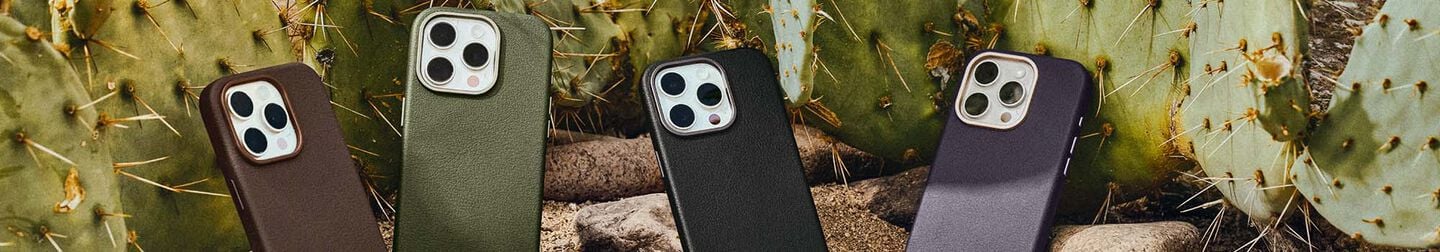 Sustainable OtterBox Cactus Leather iPhone cases on a desert background