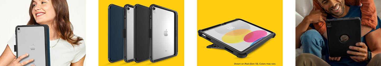 Four boxes with yellow backgrounds showing iPad cases being utilized
