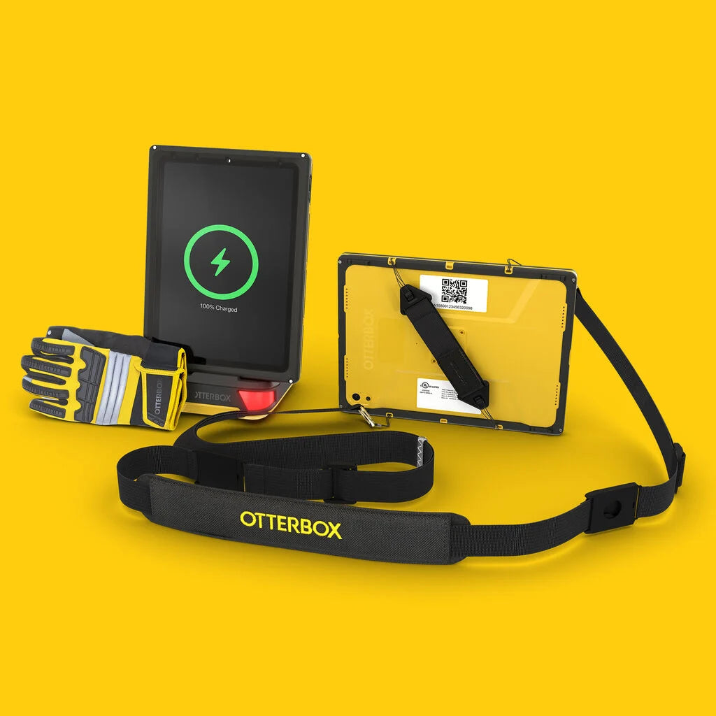 Black tablet stand with gloves and a yellow case on a yellow background, featuring the OtterBox brand.