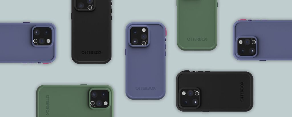 Collection of phones with OtterBox cases on a light blue background