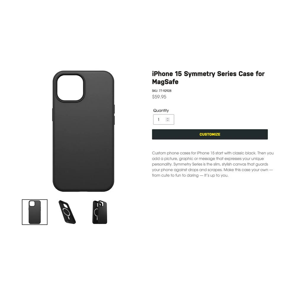 Black phone case for iPhone 15 with product details on a white background