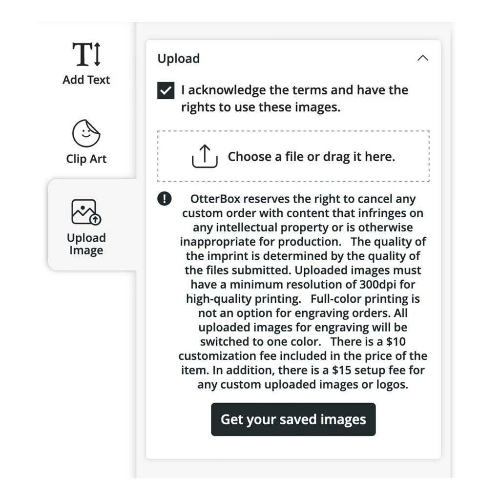 Upload image interface with terms and conditions for using images, featuring a checkbox and text area.