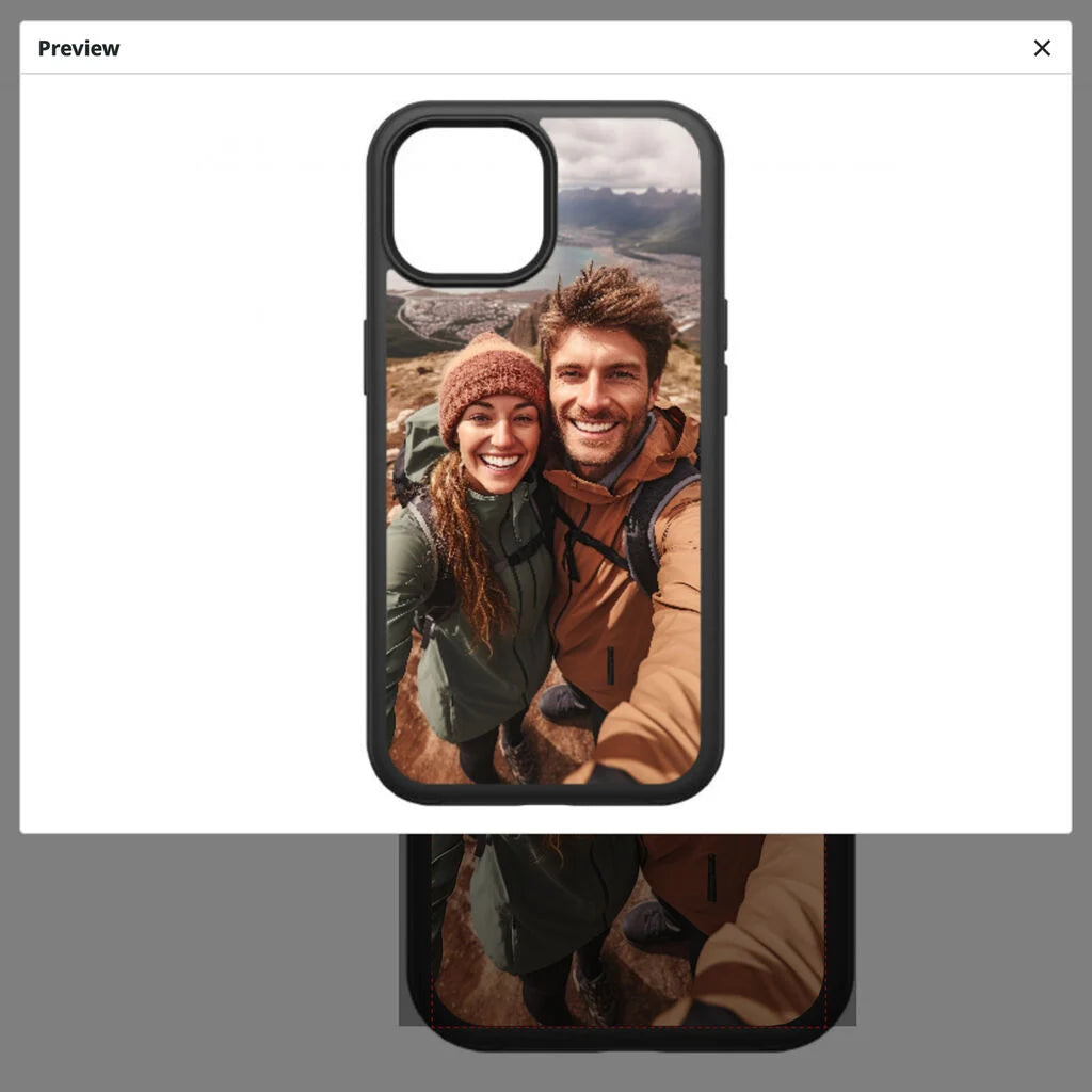 Phone case with a photo of two people on a mountain landscape