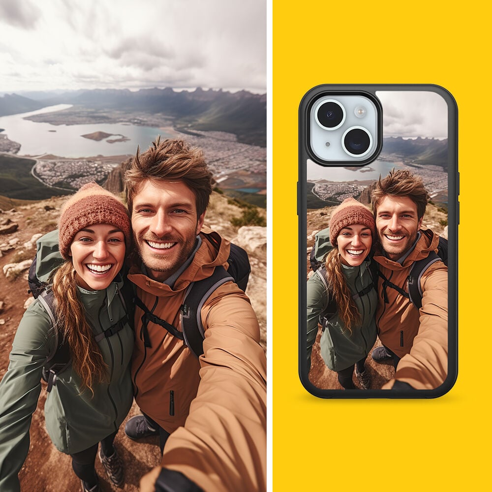 Phone case with a photo of a couple on a mountain, showing a scenic view.