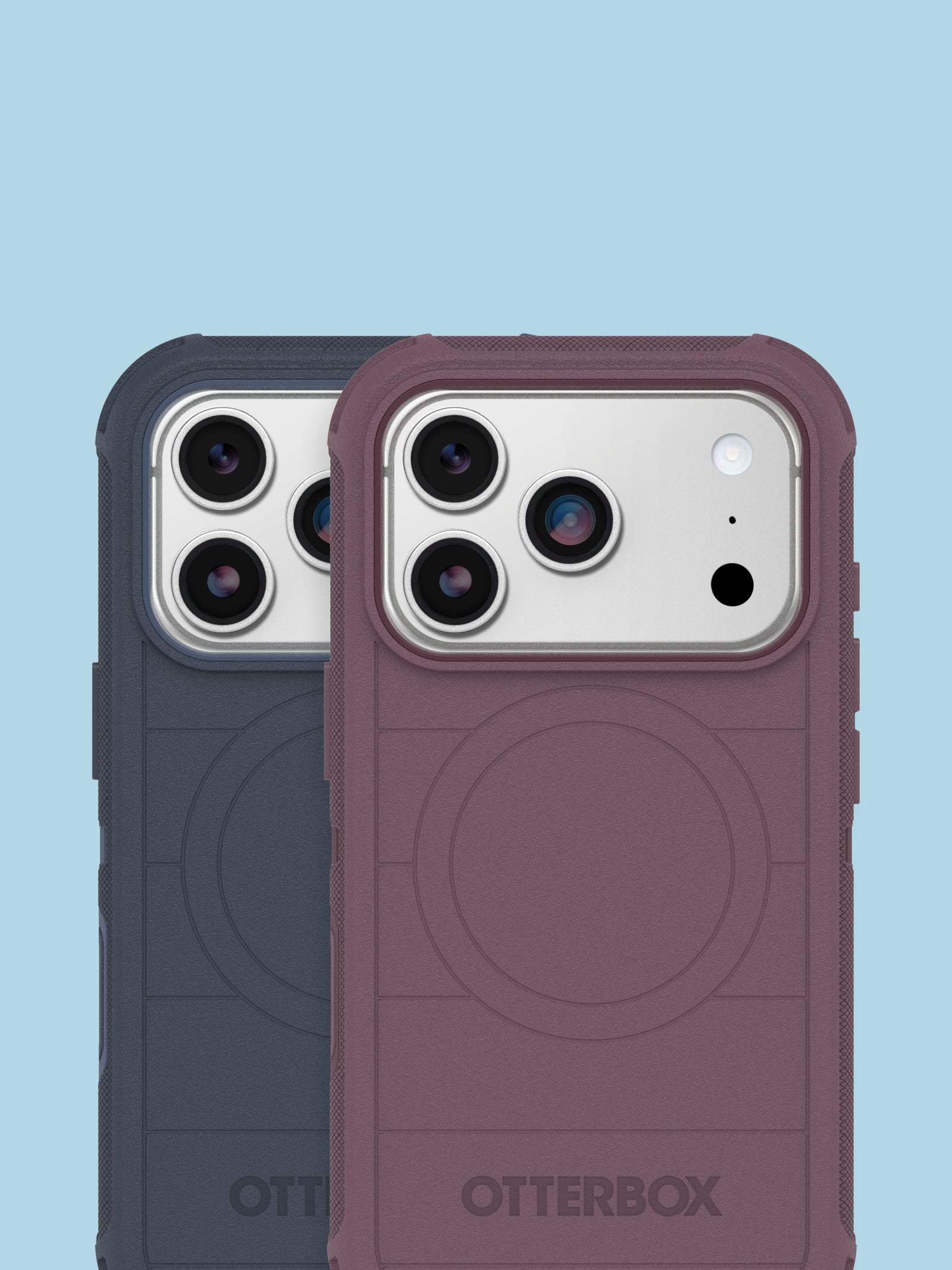 Two phone cases, one black and one purple, with 'OtterBox' branding on a light blue background.