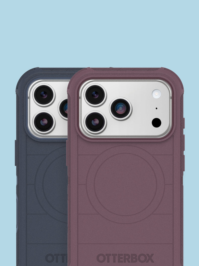 Two OtterBox phone cases on a light blue background