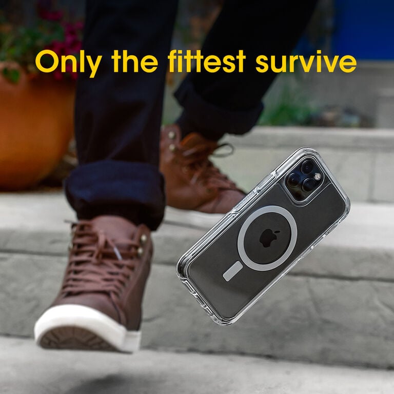 Phone case with Apple logo and text 'Only the fittest survive' over a blurred background of legs and shoes.