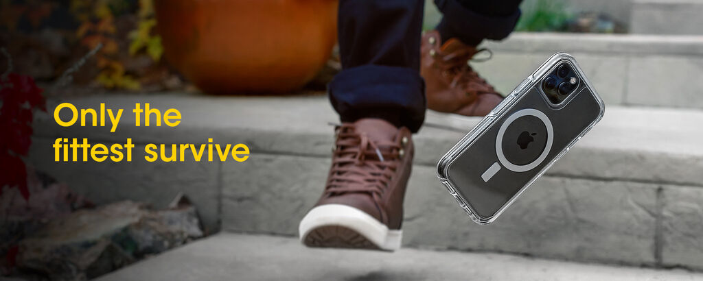Phone case with 'Only the fittest survive' text, person sitting on steps.
