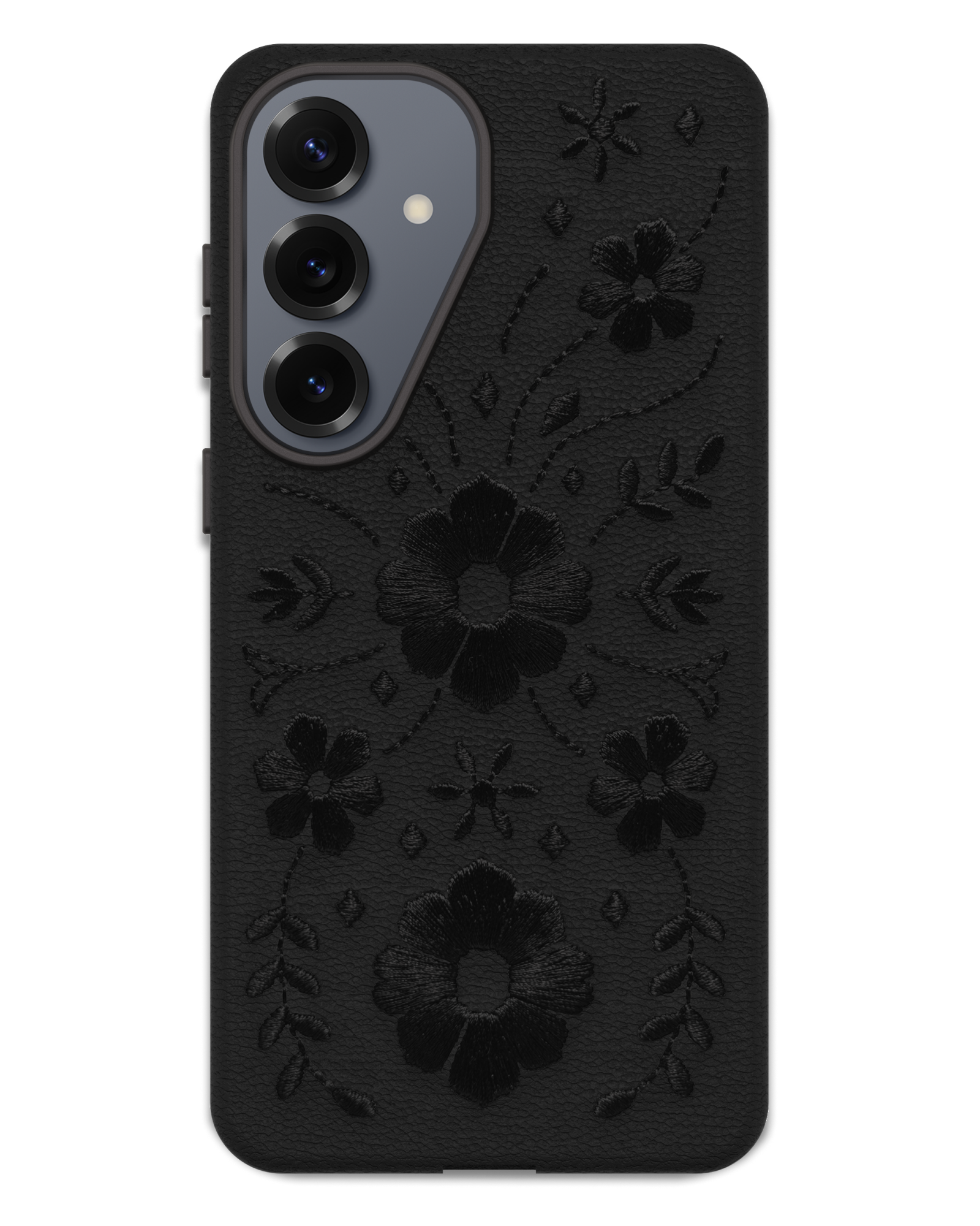 Black floral embossed phone case on a white background