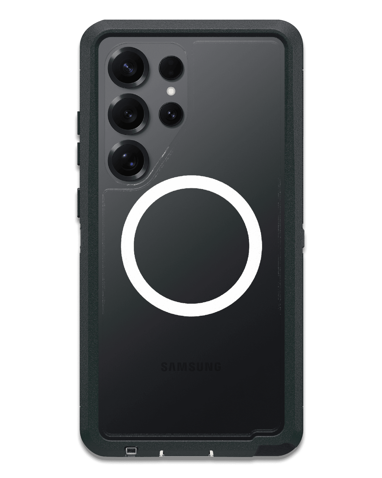 Black phone case with a circular design on a clear background