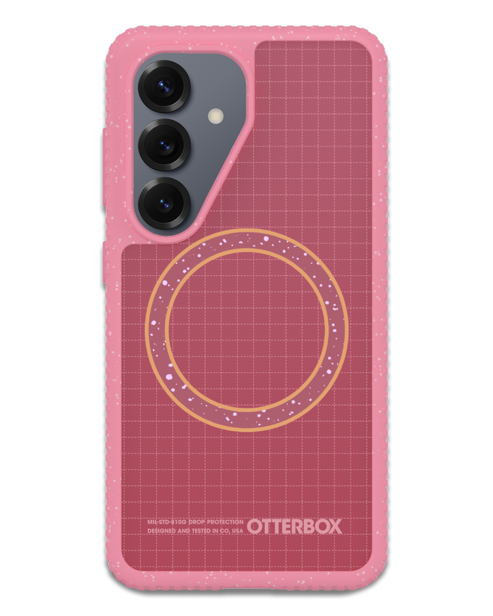 Pink phone case with grid pattern and OtterBox branding on a white background