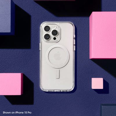 Clear iPhone case with magsafe on a blue background