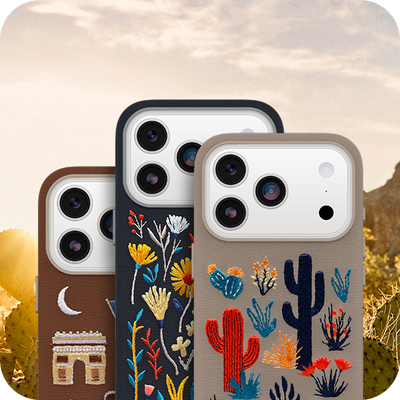 Three Cactus Leather Embroidery phone cases with desert, floral, and Paris themed designs