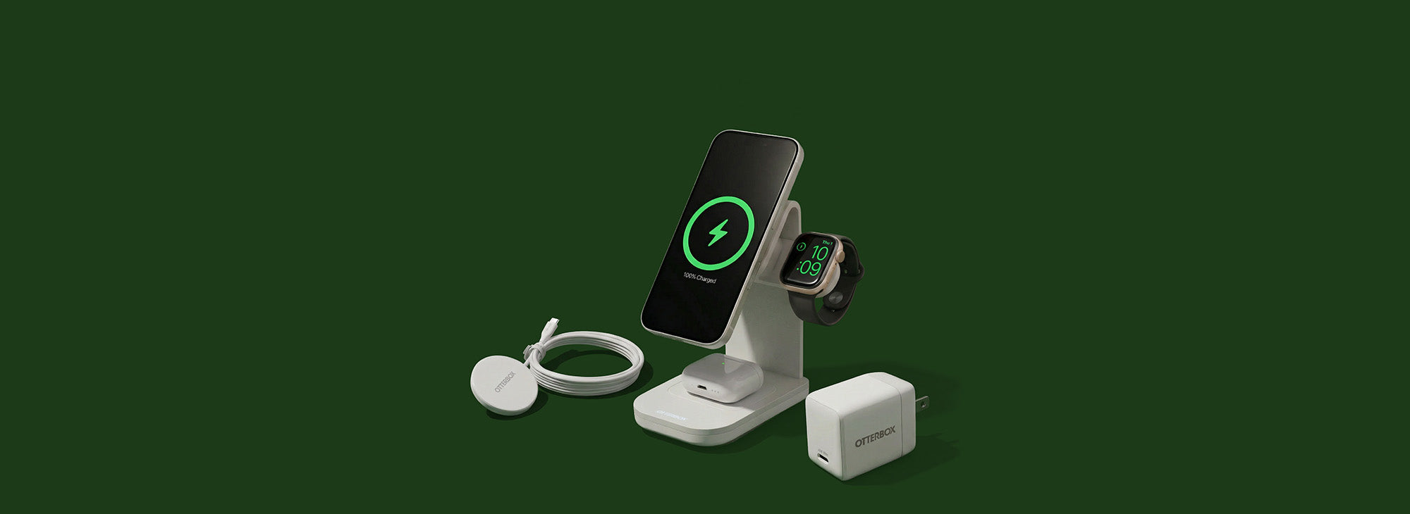 iPhone, airpods and apple watch on a charging stand with a green background and other power products on the sides