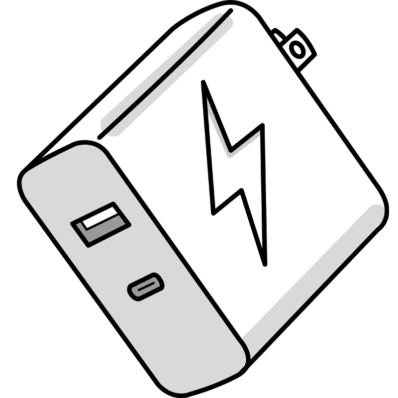 Black and white illustration of a power outlet with a lightning bolt symbol.