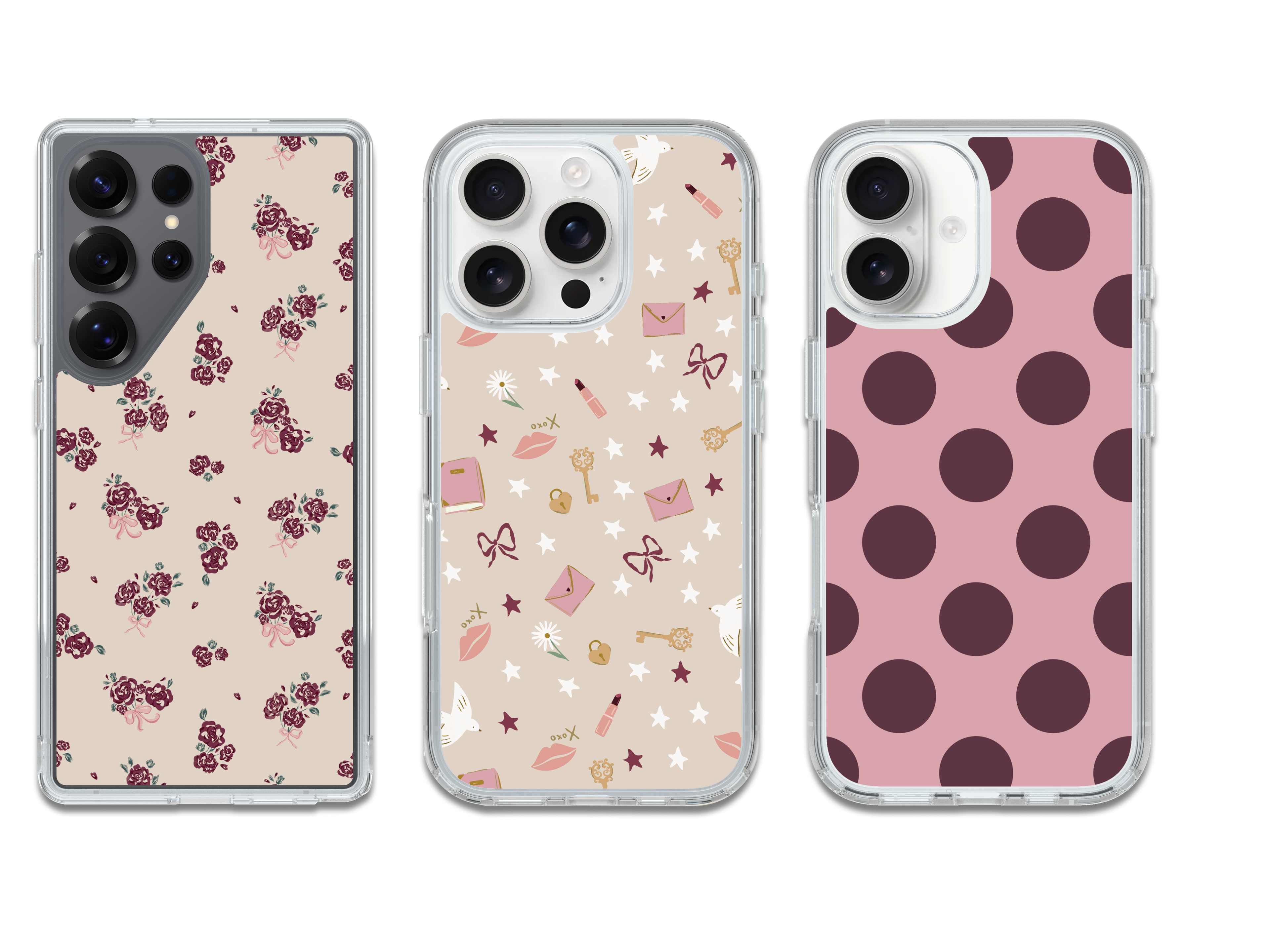 Three phone case designs with floral, stationery-themed, and polka dot patterns on a white background.