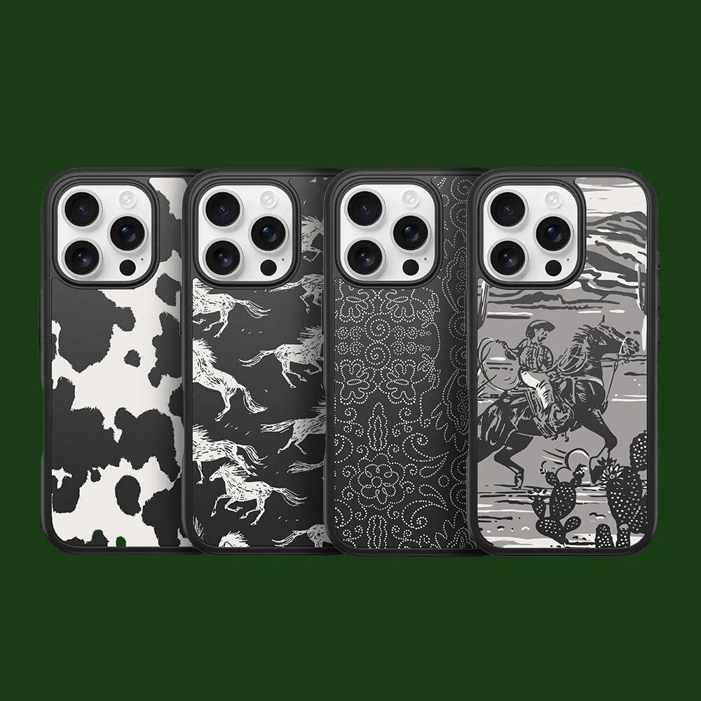 Four phone case designs with different patterns on a black background