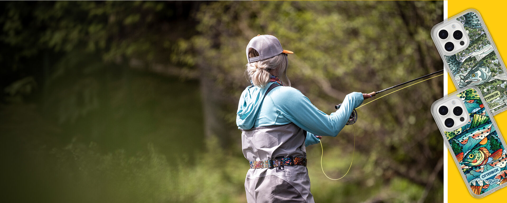 Girl fly fishing in bright colored Fishe gear