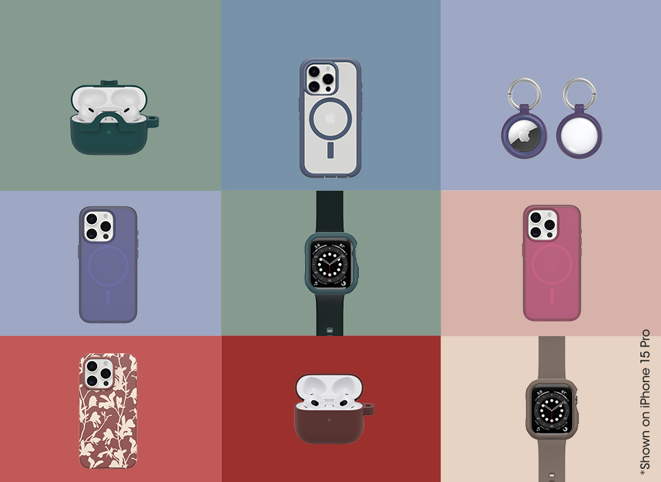 collage of iphone, airpods, apple watch, and airtag cases