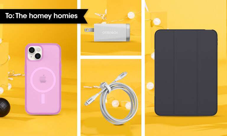 Assorted gifts for the homey homies - pink soft touch symmetry case, black symmetry series folio case, white wall charger, white charging cable | OtterBox